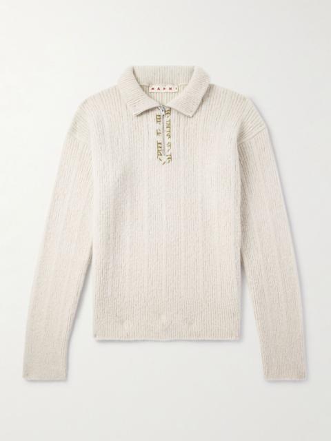 Embroidered Wool and Cashmere-Blend Half-Zip Sweater Beige