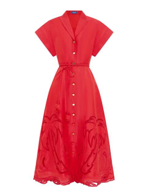 Aubrey Appliquéd Linen-Blend Shirt Midi Dress red