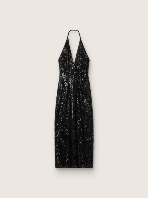 Women's long dress in tulle with floral embroidery in black sequins