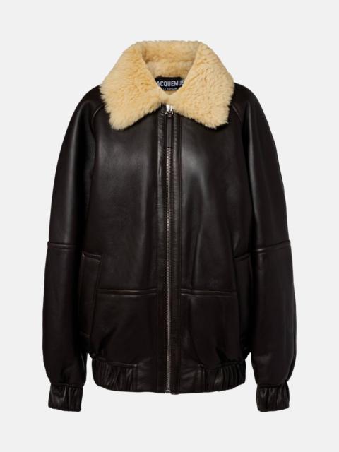 Bombardier shearling-trimmed leather bomber jacket