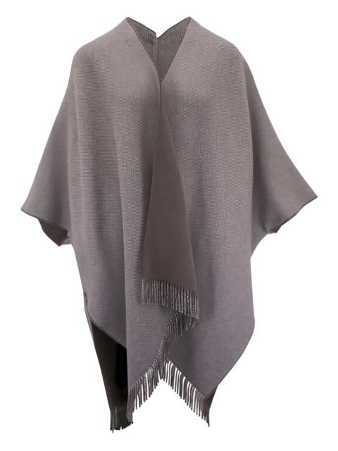 herringbone-pattern fringed poncho