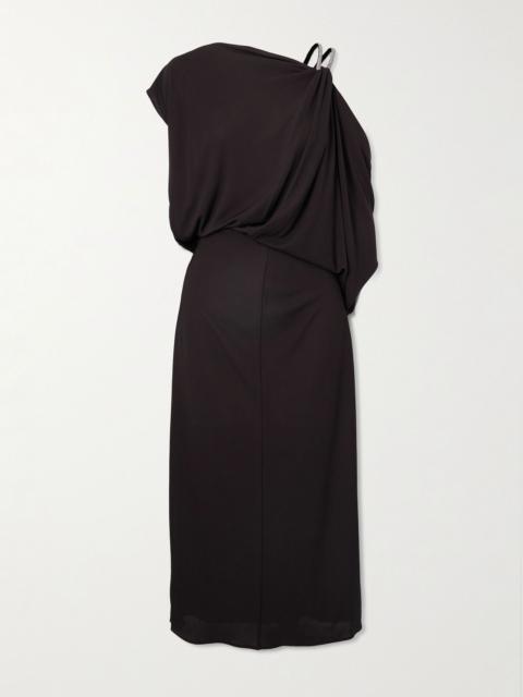 Asymmetric draped embellished jersey midi dress Dark brown