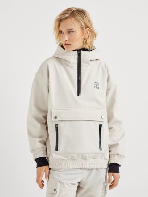 Bonded techno fabric hooded mountain jacket with Thermore® padding and precious half zip