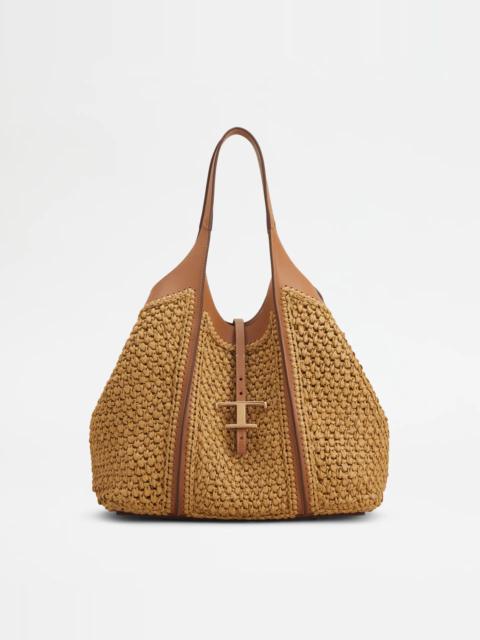 T TIMELESS SHOPPING BAG IN RAFFIA AND LEATHER MEDIUM - BEIGE, BROWN