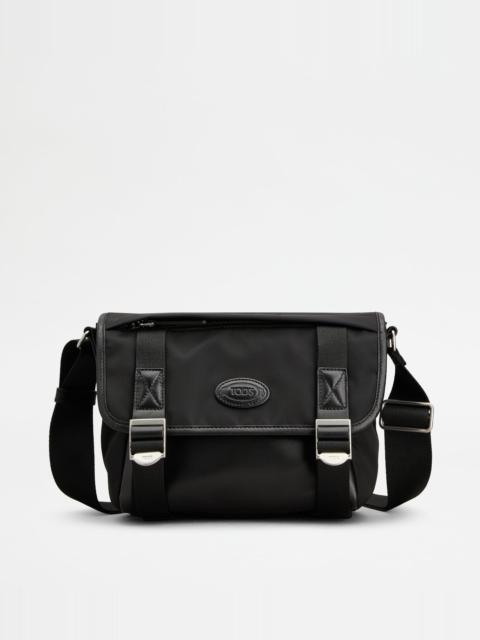 MESSENGER BAG IN FABRIC AND LEATHER MINI - BLACK