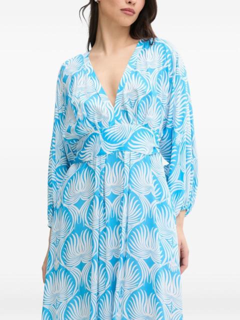 leaf-print pleated maxi dress