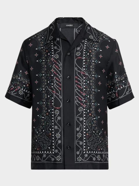 Men & apos;s Silk Crystal Print Bowling Shirt