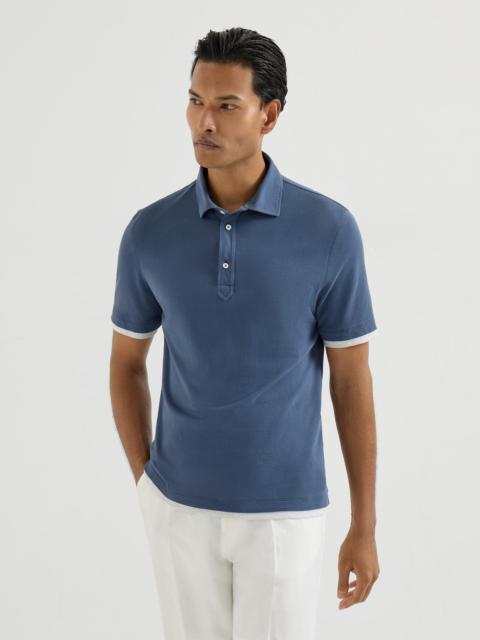 Cotton piqué shirt-style collar polo with faux-layering