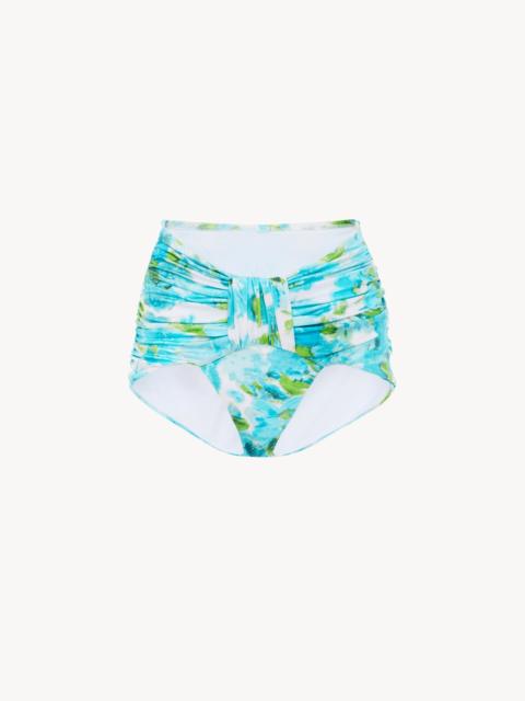 AQUA FLOWER-PRINT MID-RISE DRAPED BIKINI BOTTOMS