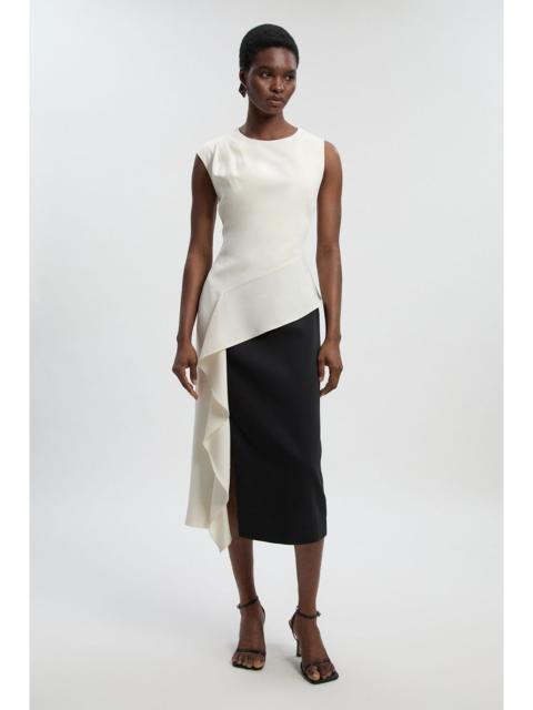 Soft Tailored Asymmetric Neck Draped Waist Detail Midi Dress