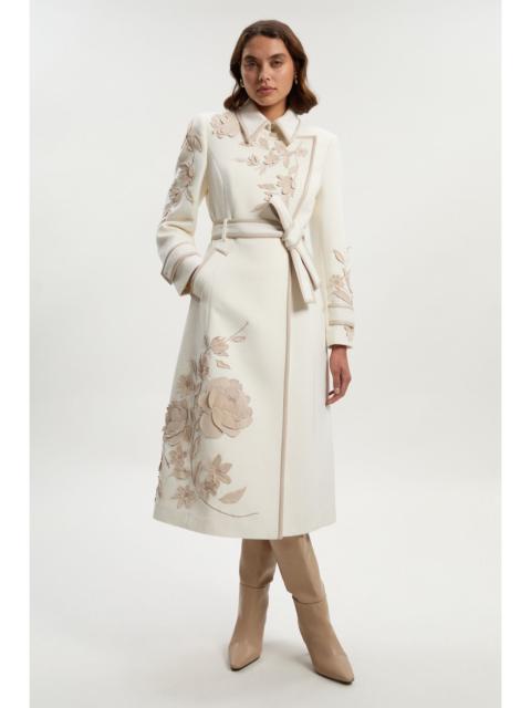 Brushed Wool Pu Mix Placed Floral Embroidery Applique Tailored Midi Coat