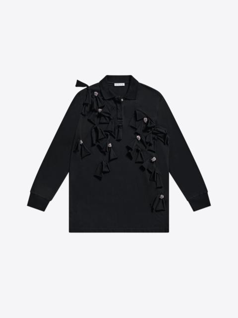 ALLOVER CRYSTAL EMBELLISHED BOW LONG SLEEVE POLO