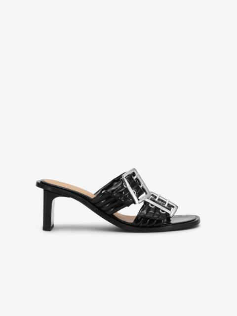 BLACK FEMININE BUCKLE HEELED MULE SANDALS