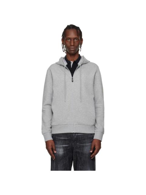Gray Stretch Cotton Logo Detail Zip-Up Hoodie