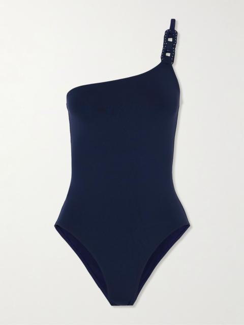 Ancre Plaisance one-shoulder embellished swimsuit Navy