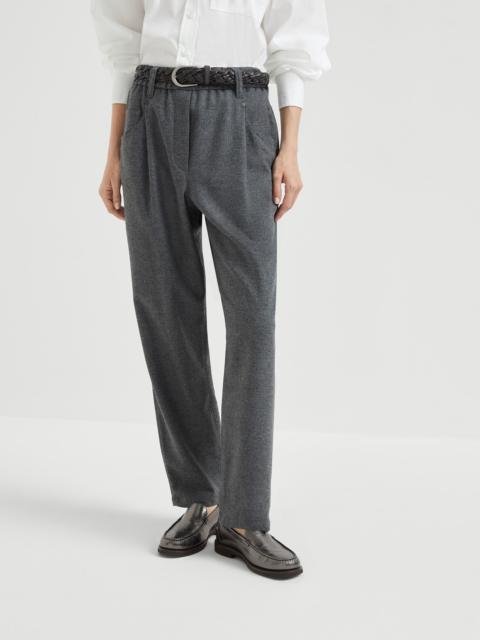 Virgin wool and cashmere twill flannel baggy trousers with monili