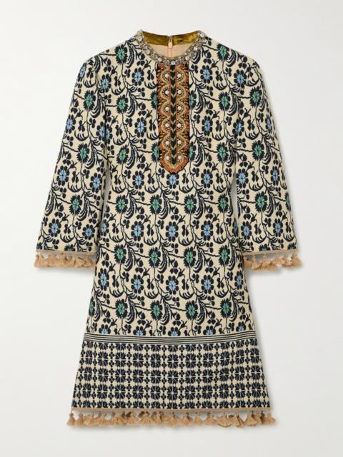 Embellished Tasseled Jacquard Mini Dress