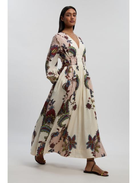 Mirror Print Balloon Sleeve Silk Cotton Maxi Dress