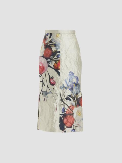 FLORAL PRINT TEXTURED SATIN PENCIL MIDI SKIRT