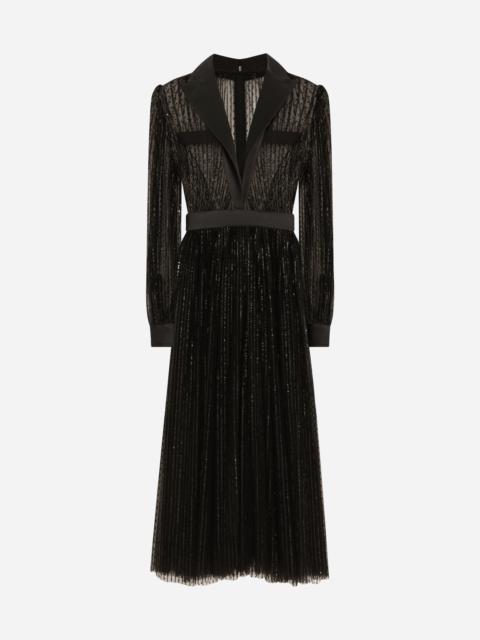Calf-length tulle tuxedo shirt dress with sequin embellishment