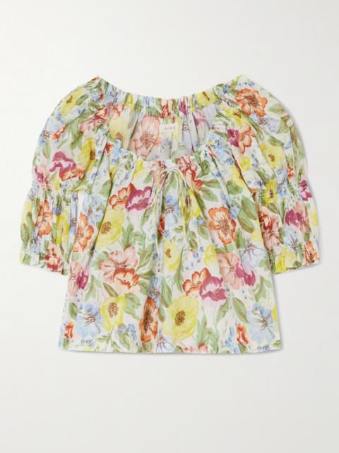 Inez Gathered Floral-print Organic Cotton-voile Blouse