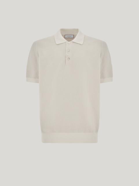 WHITE MICROSTRUCTURED COTTON POLO SHIRT WITH PLAIN-KNIT COLLAR