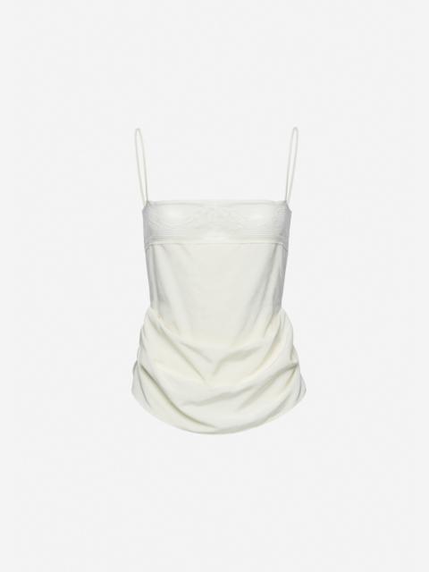 Draped silk lace-trim top in cream