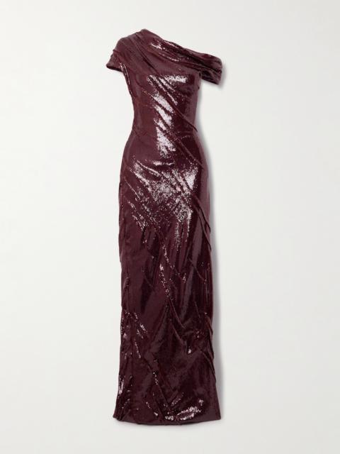 One-shoulder Ruched Sequined Crepe Gown