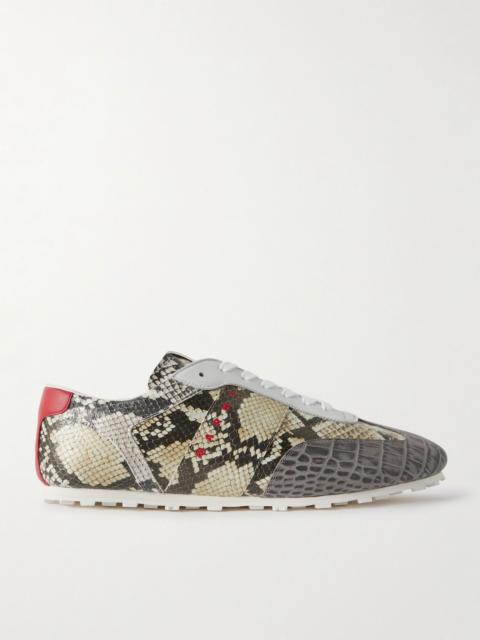Logo-Embroidered Croc and Snake-Effect Leather Sneakers Gray