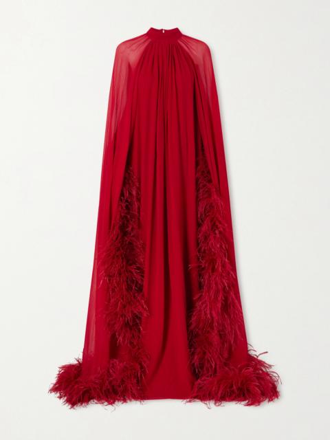 Eterea Cape-effect Feather-trimmed Chiffon Gown