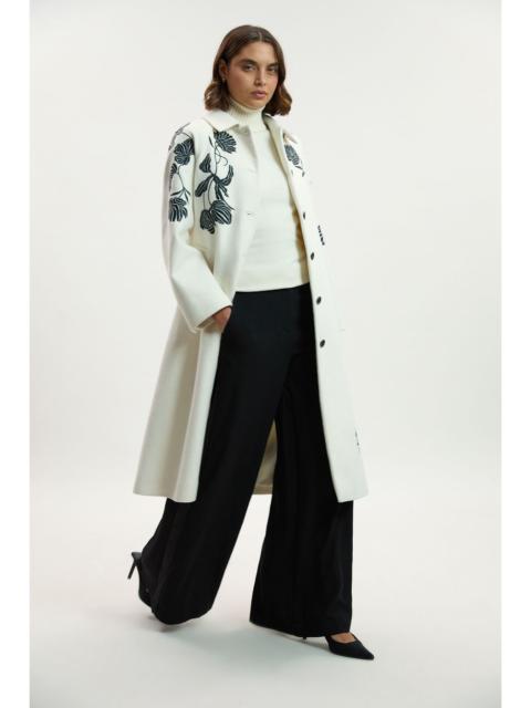 Brushed Wool Placed Embroidery Tailored Midi Coat