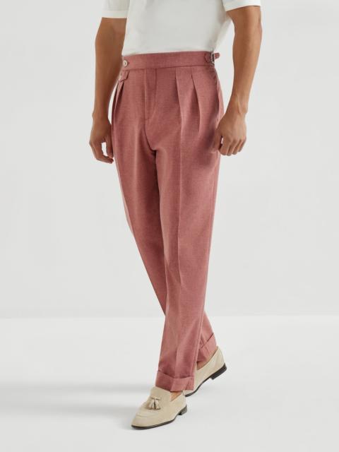 Virgin wool, cotton and silk mouliné trousers with reversed double pleats and waist tabs