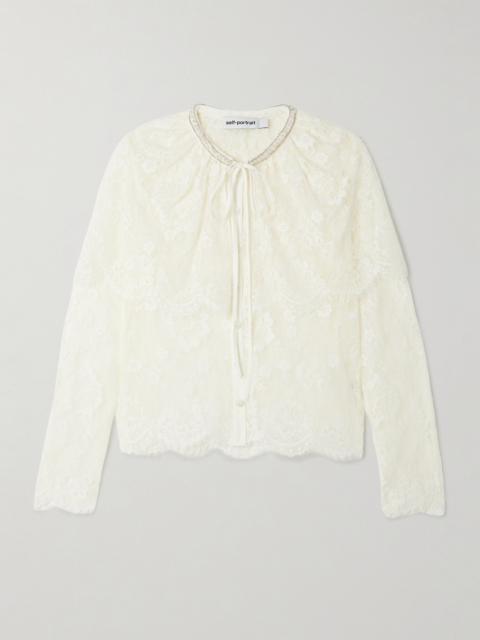 Cape-effect Scalloped Embellished Lace Blouse