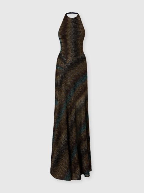 Snake-Pattern Viscose Lamé Gown with Halter Neck