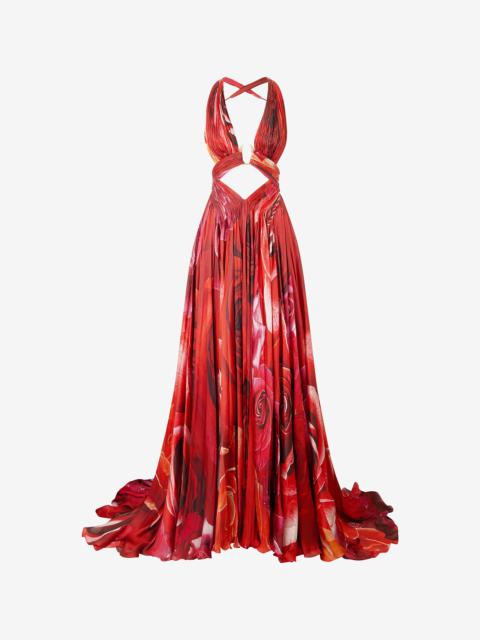 Long Dress With Rose Print And Cut-Out