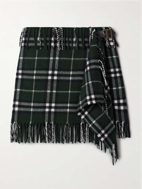 Fringed checked wool and cashmere-blend flannel mini wrap skirt