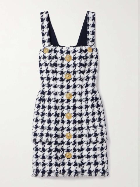 Button-embellished frayed tweed mini dress White