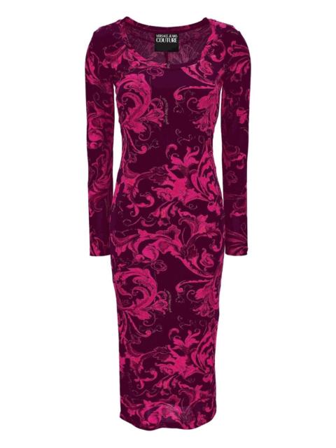 baroque-print long-sleeve midi dress