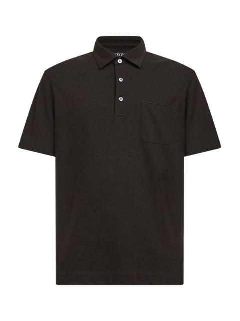 Dark brown cotton pique polo shirt with chest pocket