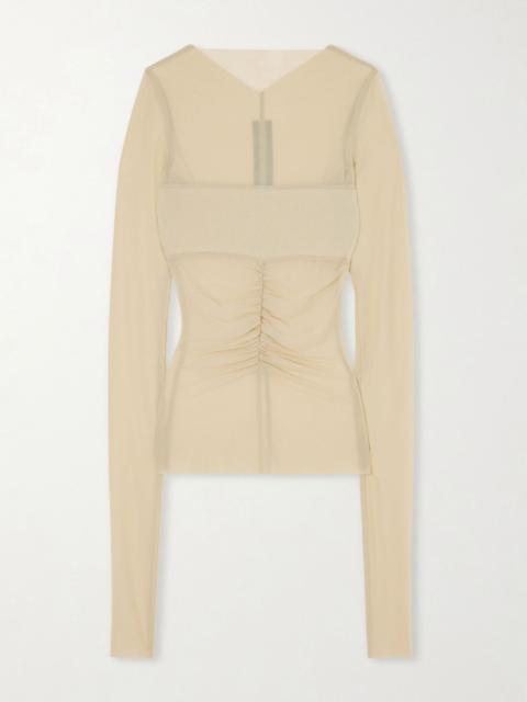 Ruched stretch-mesh T-shirt Sand