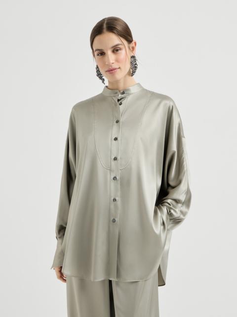 Stretch silk satin Mandarin-collar shirt with monili