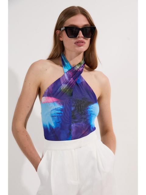 Printed Mesh Cross Neck Bodysuit