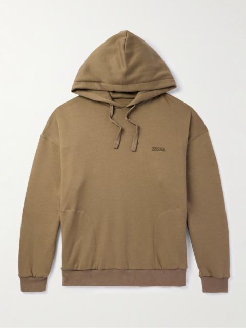 Logo-Embroidered Cotton-Blend Jersey Hoodie Light brown