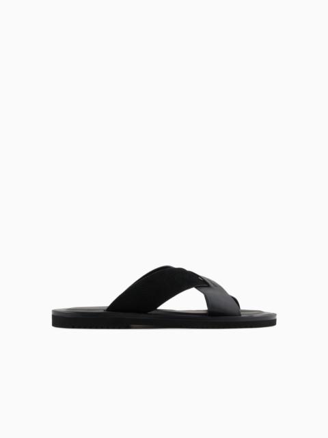 MULTI-STRIPED SUEDE AND LEATHER CROSS-OVER SANDALS