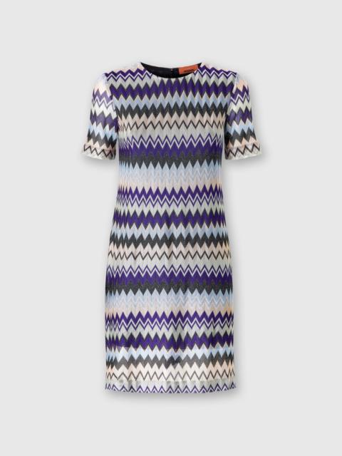 Short-sleeved mini-dress in zig zag lamé viscose