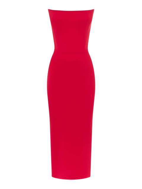 Strapless Stretch-Crepe Midi Dress red