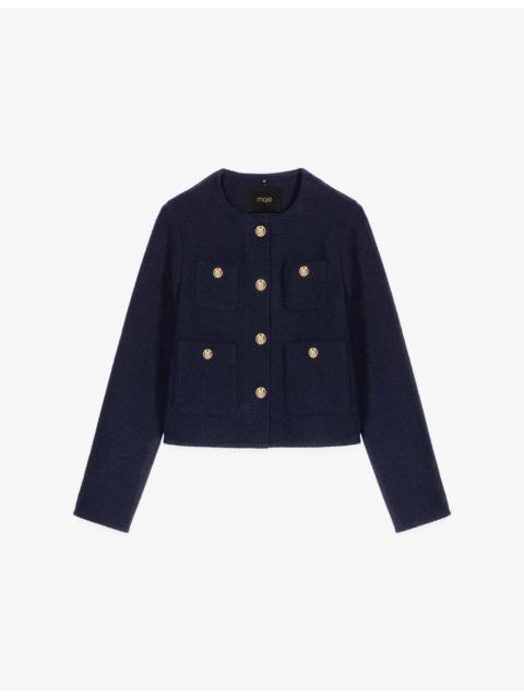 Removable-Collar Patch-Pocket Short Tweed Jacket