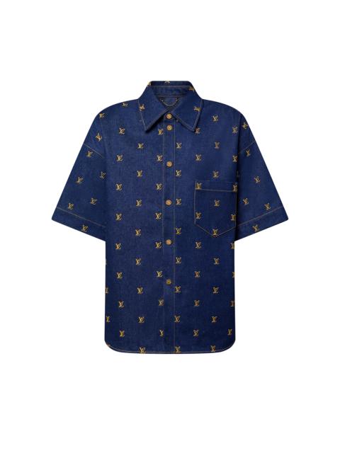 Embroidered Signature Short-Sleeved Denim Shirt