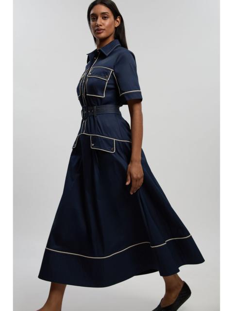 Cotton Sateen Button Detail Woven Midi Shirt Dress With Contrast Piping