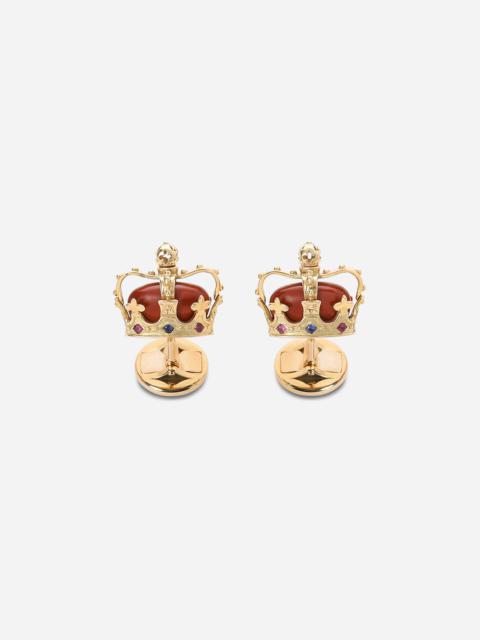 Crown yellow gold crown cufflinks with red jasper